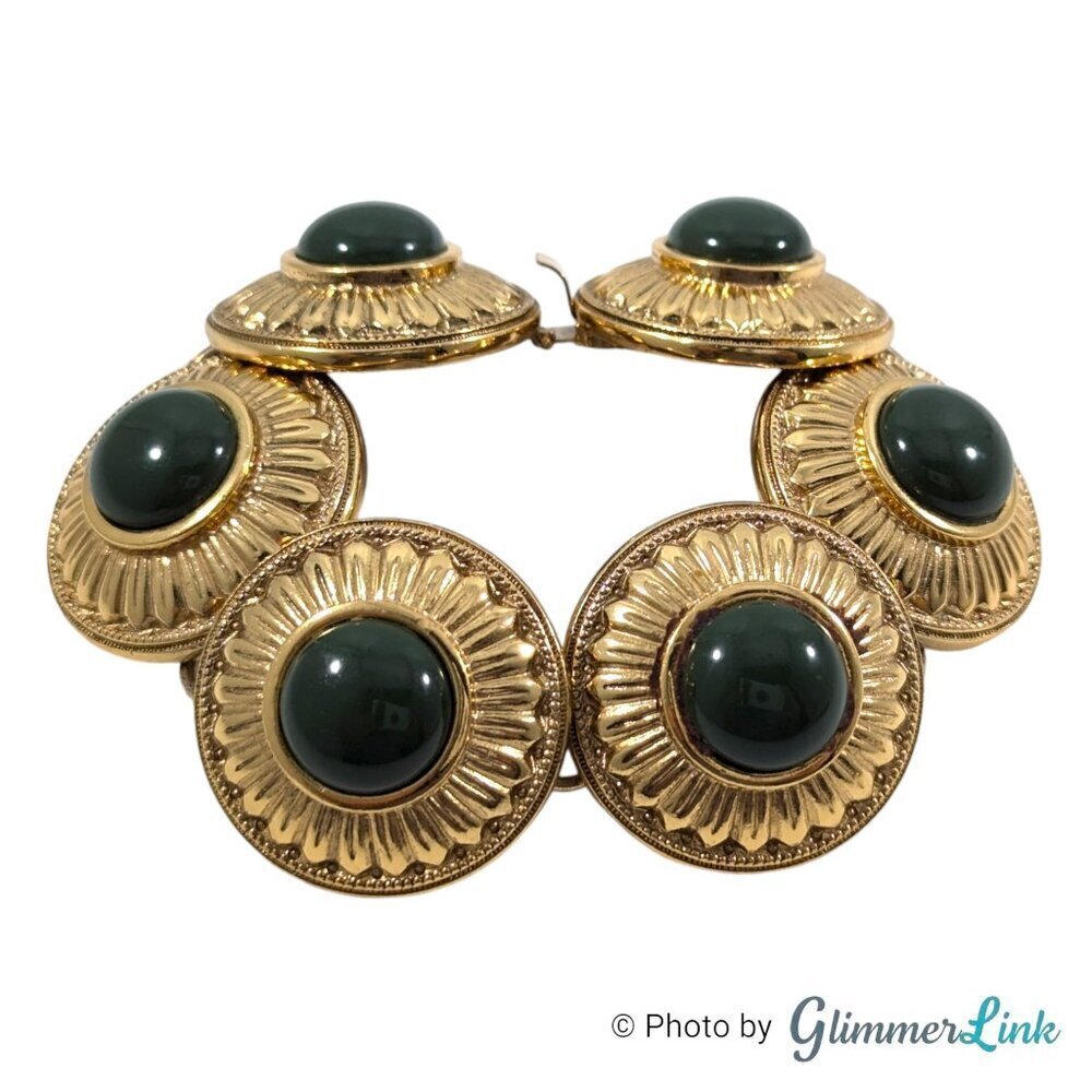 Trina Turk Green Cabochon Round Medallion Gold Tone Link Bracelet